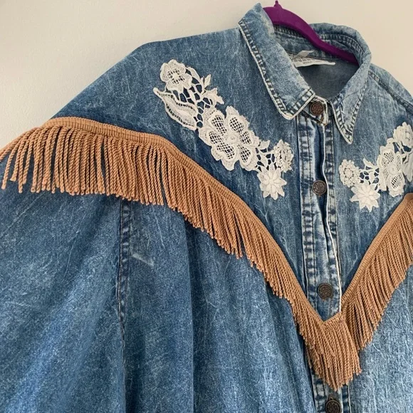 Rare 80s OOAK Vintage J Carreli Denim Acid Wash Tapestry Lace Fringe Jacket - Picture 10 of 17